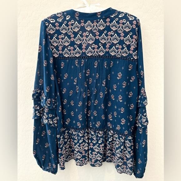 KNOX ROSE | Blue Boho Floral Peasant Blouse Long Sleeve Ruffle Hem | Size Small - Picture 4 of 6